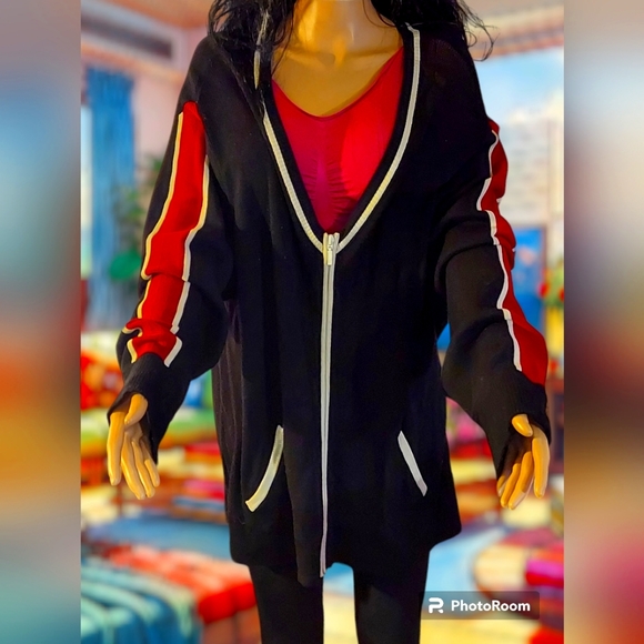 I.N.C Brand Discontinued Black, White and Red Zip Up Cardigan Sweater. 🥰 - Picture 1 of 7
